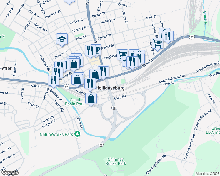 map of restaurants, bars, coffee shops, grocery stores, and more near in Hollidaysburg