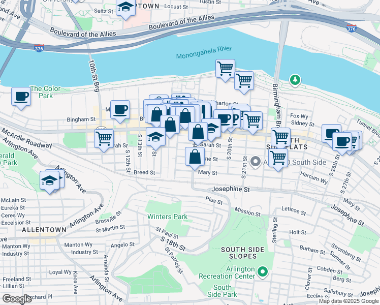 map of restaurants, bars, coffee shops, grocery stores, and more near 1715 Sarah Street in Pittsburgh
