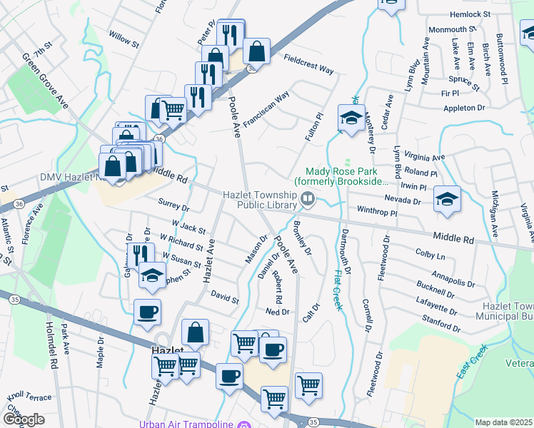 map of restaurants, bars, coffee shops, grocery stores, and more near 221 Middle Road in Hazlet