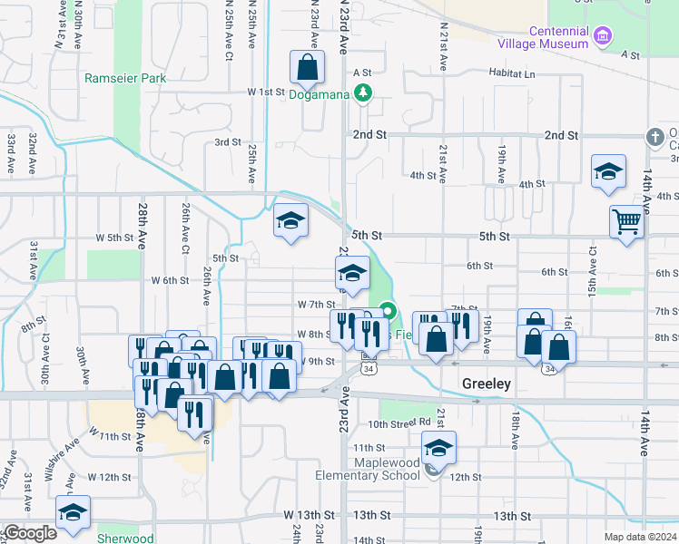 map of restaurants, bars, coffee shops, grocery stores, and more near in Greeley
