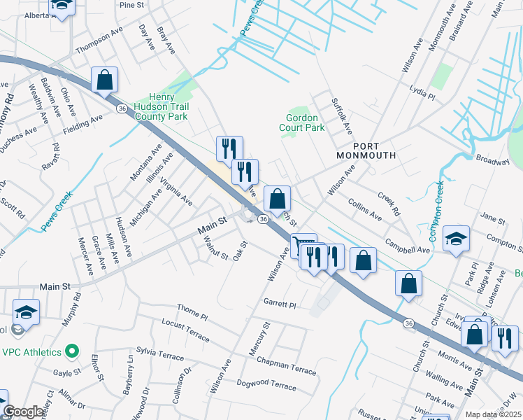 map of restaurants, bars, coffee shops, grocery stores, and more near 393 New Jersey 36 in Port Monmouth