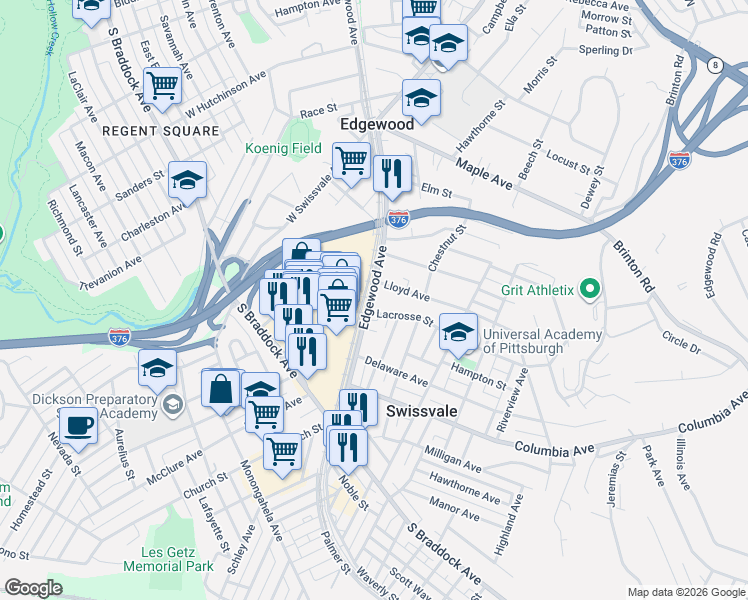 map of restaurants, bars, coffee shops, grocery stores, and more near Edgewood Avenue in Pittsburgh