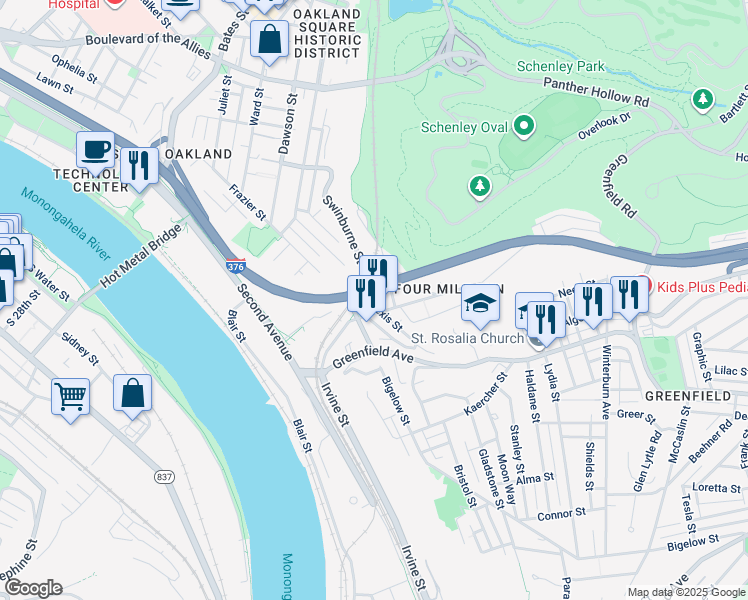map of restaurants, bars, coffee shops, grocery stores, and more near 216 Four Mile Run Road in Pittsburgh