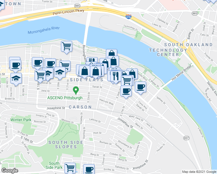 map of restaurants, bars, coffee shops, grocery stores, and more near 2325 East Carson Street in Pittsburgh