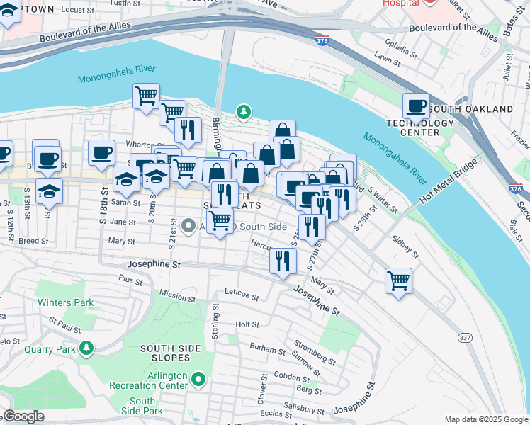 map of restaurants, bars, coffee shops, grocery stores, and more near 2325 East Carson Street in Pittsburgh