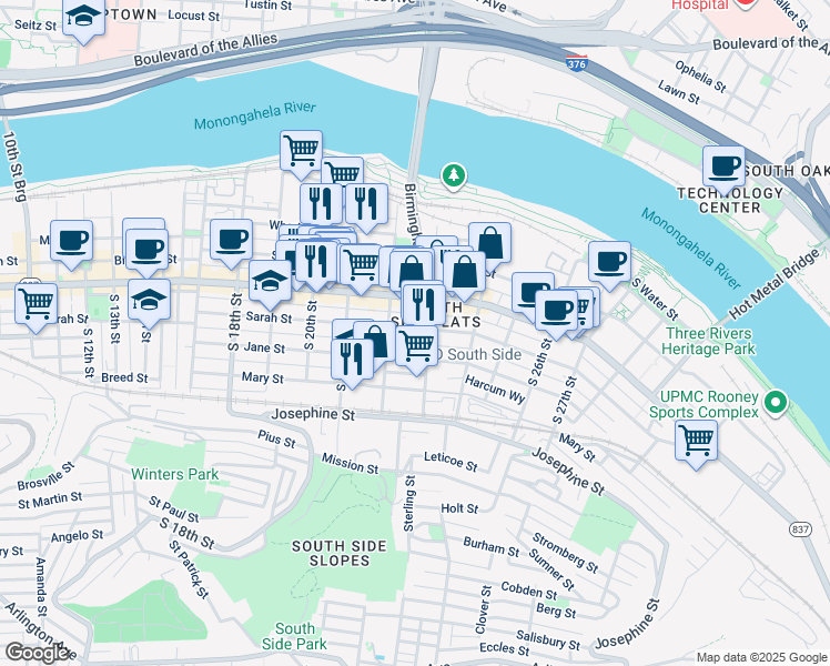 map of restaurants, bars, coffee shops, grocery stores, and more near in Pittsburgh