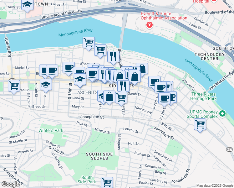 map of restaurants, bars, coffee shops, grocery stores, and more near in Pittsburgh