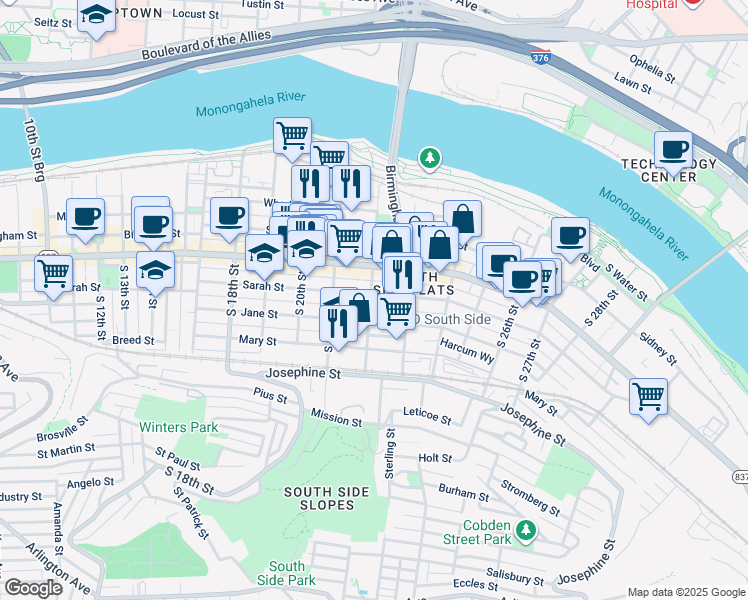 map of restaurants, bars, coffee shops, grocery stores, and more near in Pittsburgh