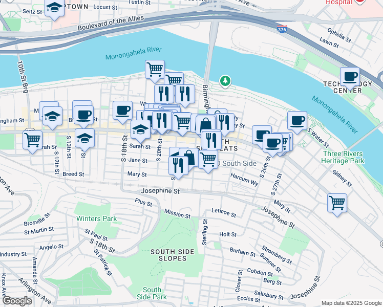 map of restaurants, bars, coffee shops, grocery stores, and more near 2135 Carey Way in Pittsburgh