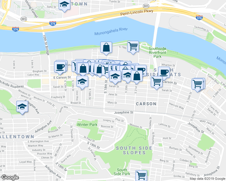 map of restaurants, bars, coffee shops, grocery stores, and more near 1807 Sarah Street in Pittsburgh