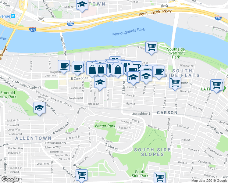 map of restaurants, bars, coffee shops, grocery stores, and more near 1715 Sarah Street in Pittsburgh
