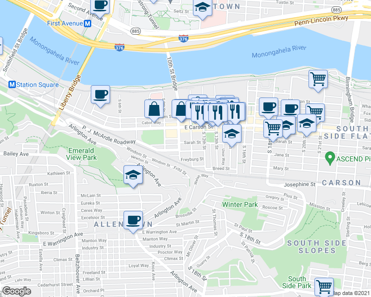 map of restaurants, bars, coffee shops, grocery stores, and more near 86 South 11th Street in Pittsburgh