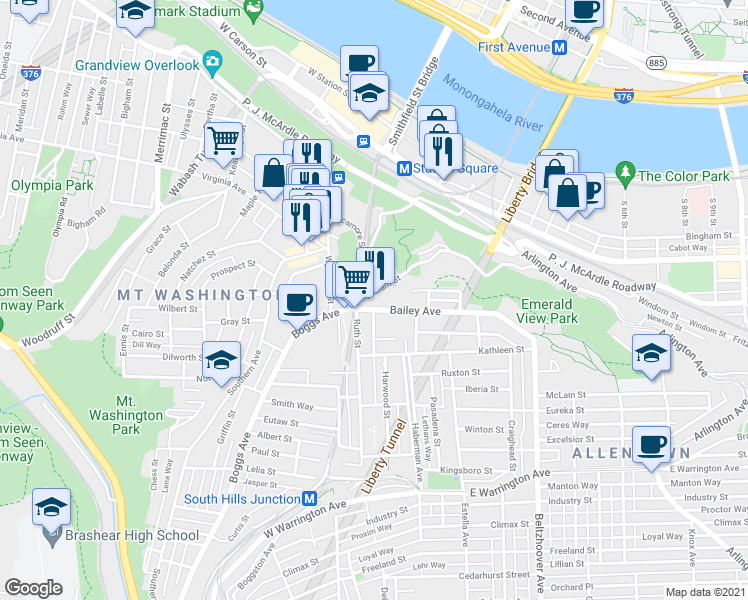 map of restaurants, bars, coffee shops, grocery stores, and more near 416 William Street in Pittsburgh
