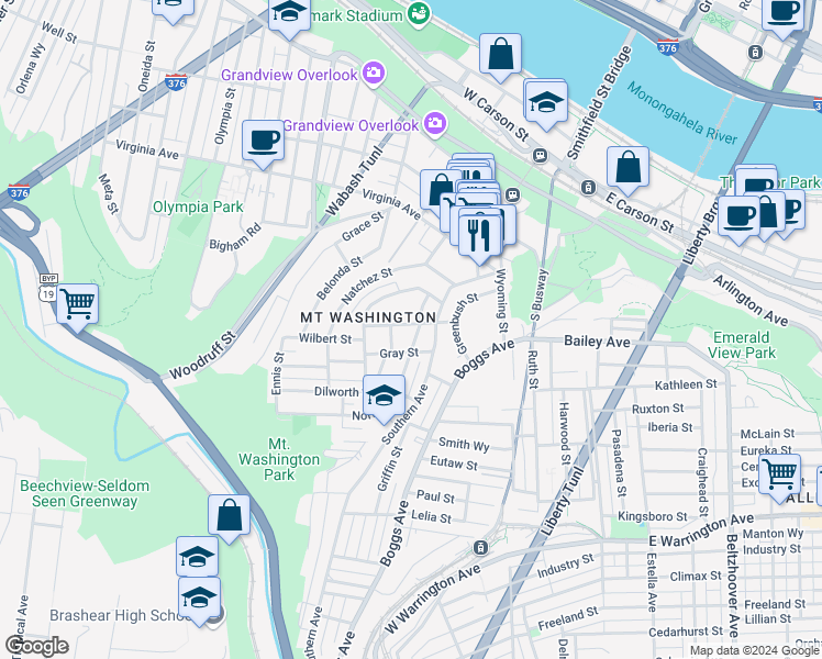 map of restaurants, bars, coffee shops, grocery stores, and more near 45 Cowan Street in Pittsburgh