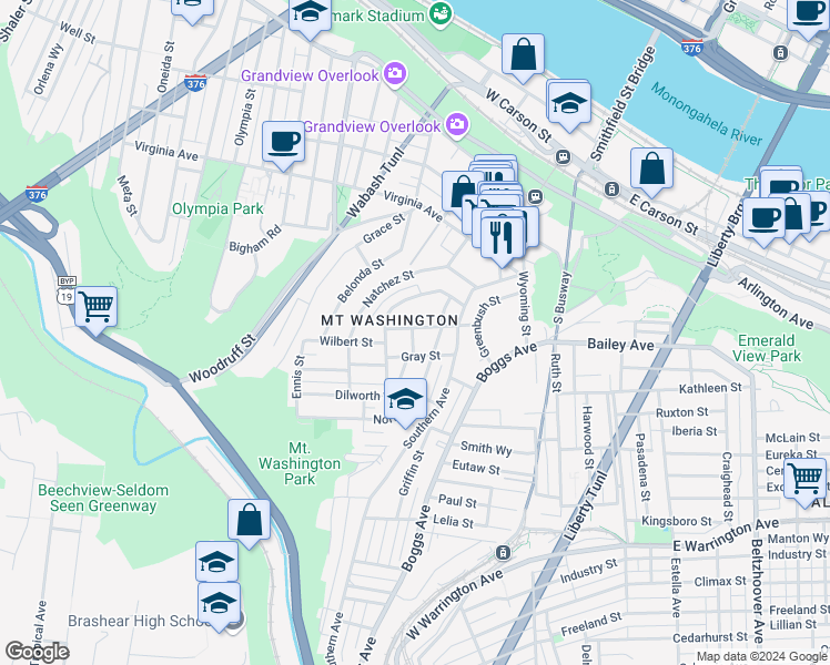 map of restaurants, bars, coffee shops, grocery stores, and more near 45 Cowan Street in Pittsburgh