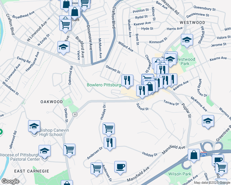 map of restaurants, bars, coffee shops, grocery stores, and more near 106 Hall Avenue in Pittsburgh
