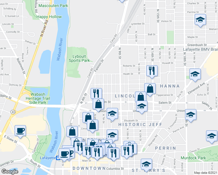 map of restaurants, bars, coffee shops, grocery stores, and more near 1107 North 7th Street in Lafayette