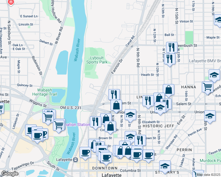 map of restaurants, bars, coffee shops, grocery stores, and more near 1107 North 6th Street in Lafayette