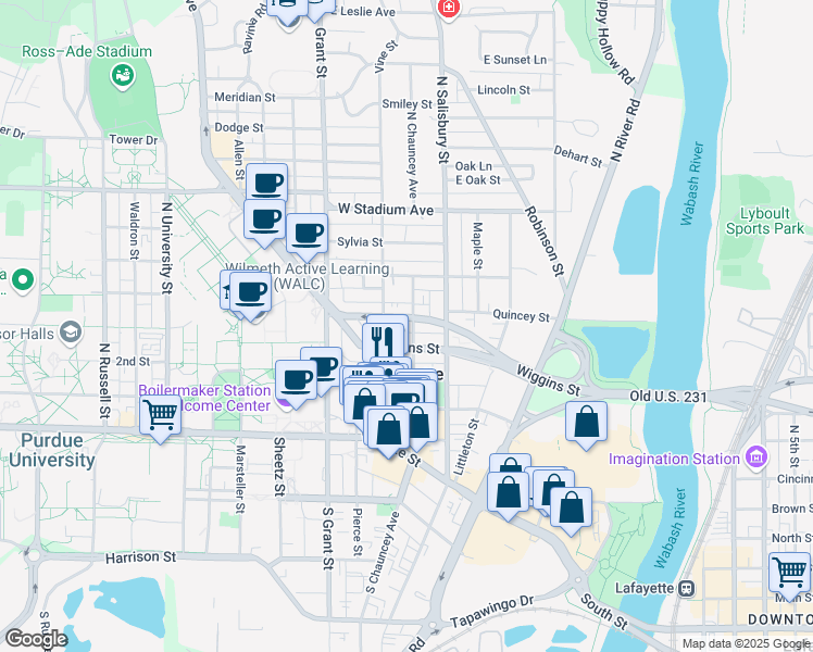map of restaurants, bars, coffee shops, grocery stores, and more near 415 North Chauncey Avenue in West Lafayette