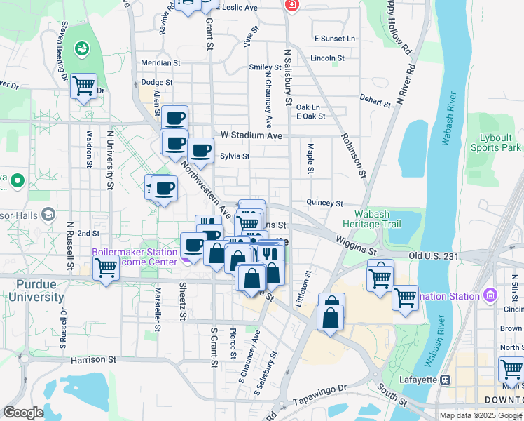 map of restaurants, bars, coffee shops, grocery stores, and more near 415 North Chauncey Avenue in West Lafayette