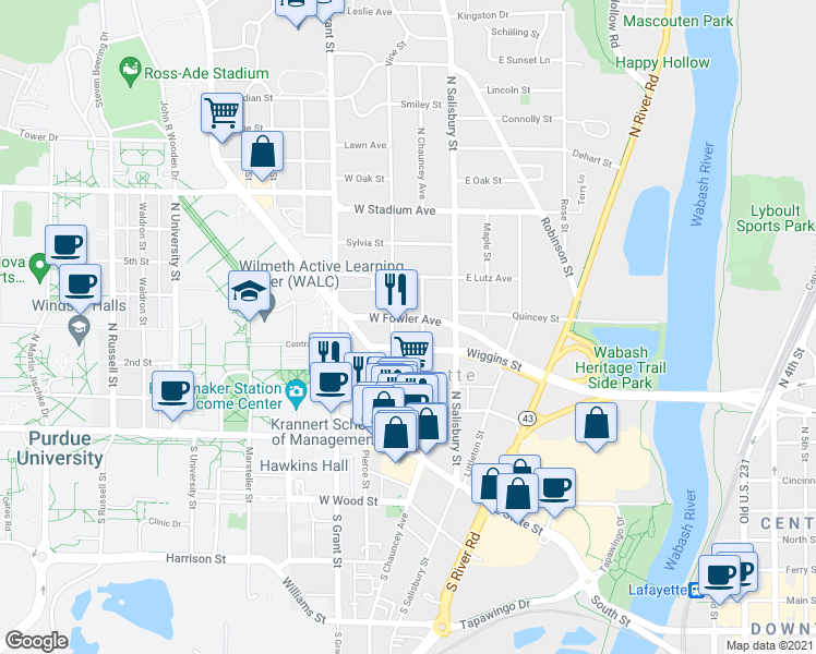 map of restaurants, bars, coffee shops, grocery stores, and more near 415 North Chauncey Avenue in West Lafayette
