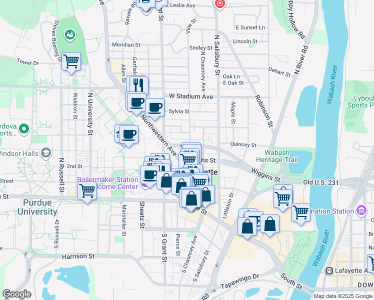 map of restaurants, bars, coffee shops, grocery stores, and more near 300 West Fowler Avenue in West Lafayette