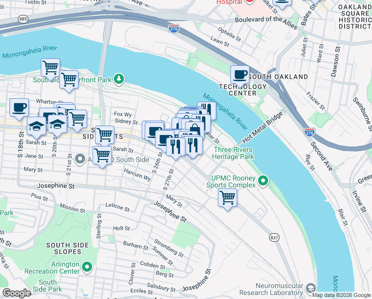 map of restaurants, bars, coffee shops, grocery stores, and more near 2667 Sidney Street in Pittsburgh