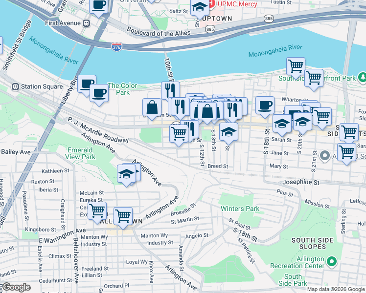 map of restaurants, bars, coffee shops, grocery stores, and more near 86 South 11th Street in Pittsburgh