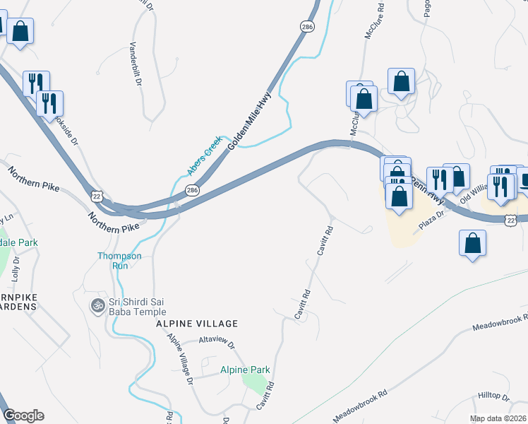 map of restaurants, bars, coffee shops, grocery stores, and more near 1563 Cavitt Road in Monroeville