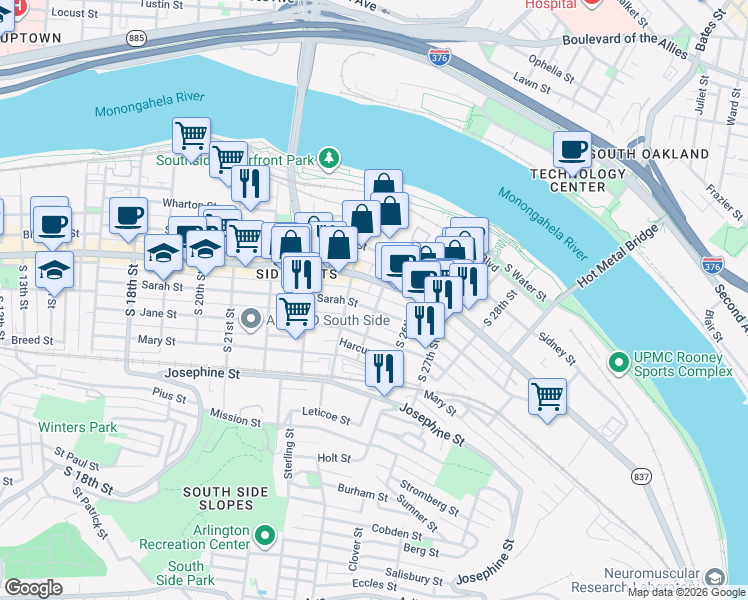 map of restaurants, bars, coffee shops, grocery stores, and more near 2325 East Carson Street in Pittsburgh