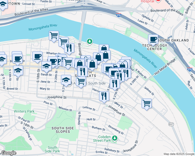 map of restaurants, bars, coffee shops, grocery stores, and more near 2325 East Carson Street in Pittsburgh