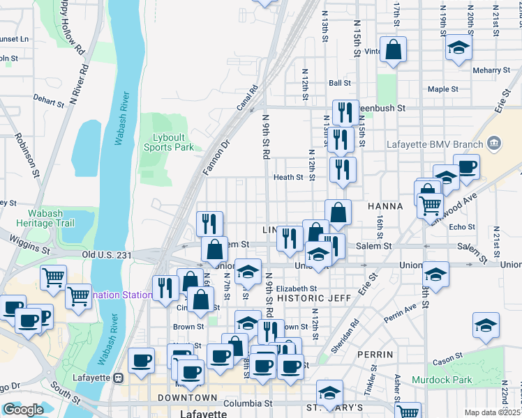 map of restaurants, bars, coffee shops, grocery stores, and more near 1018 North 9th Street in Lafayette