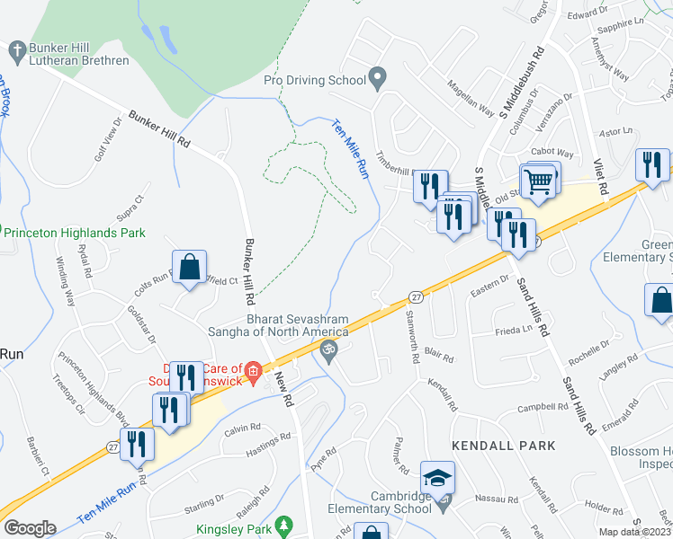 map of restaurants, bars, coffee shops, grocery stores, and more near 3453 New Jersey 27 in Princeton