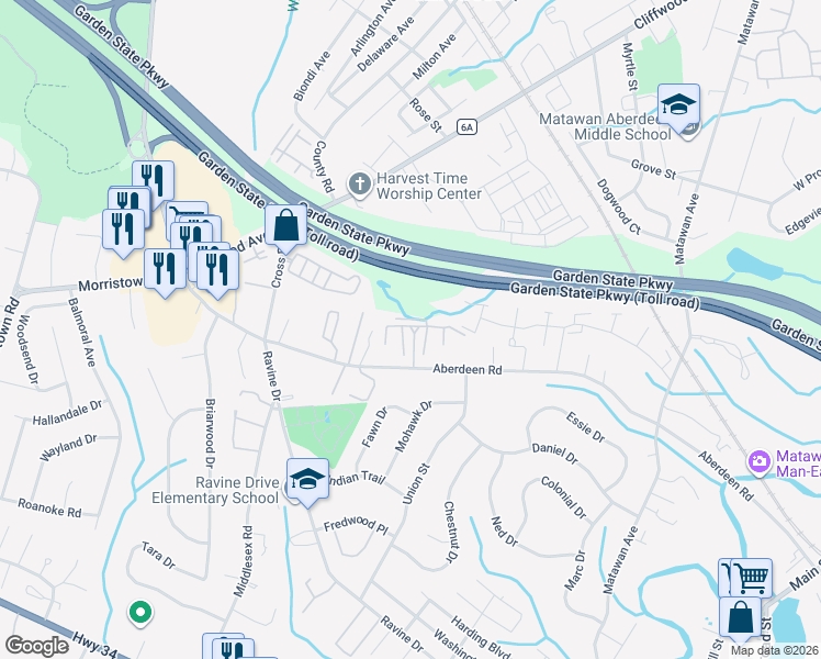 map of restaurants, bars, coffee shops, grocery stores, and more near 64 Belaire Court in Matawan