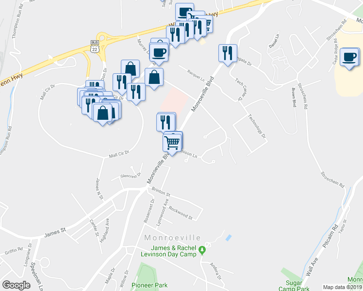 map of restaurants, bars, coffee shops, grocery stores, and more near 170 Jamison Lane in Monroeville