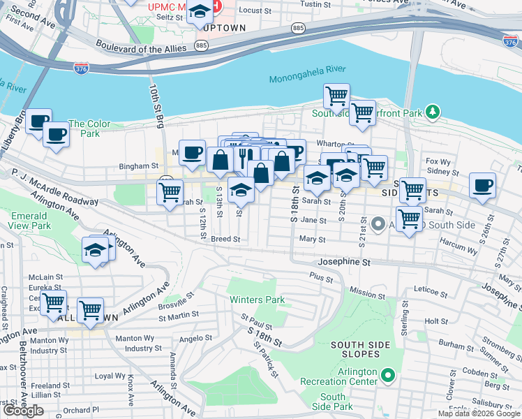 map of restaurants, bars, coffee shops, grocery stores, and more near 114 South 16th Street in Pittsburgh