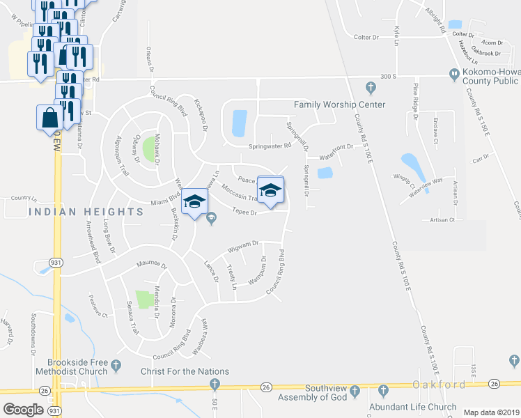 map of restaurants, bars, coffee shops, grocery stores, and more near 1208 Tepee Drive in Kokomo