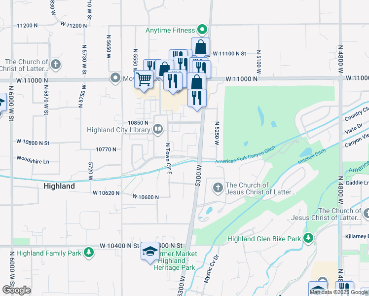 map of restaurants, bars, coffee shops, grocery stores, and more near 10734 North Dosh Lane in Highland