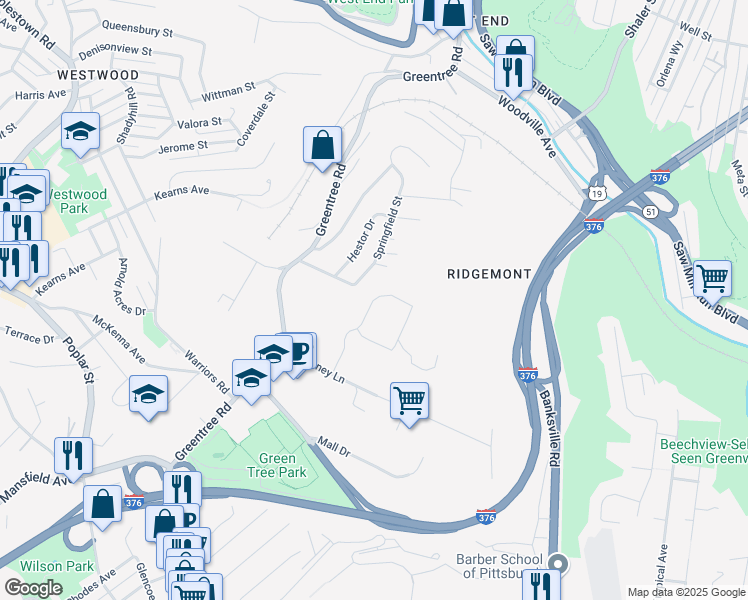 map of restaurants, bars, coffee shops, grocery stores, and more near 400 Elizabeth Drive in Pittsburgh