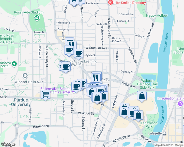 map of restaurants, bars, coffee shops, grocery stores, and more near 315 West Fowler Avenue in West Lafayette