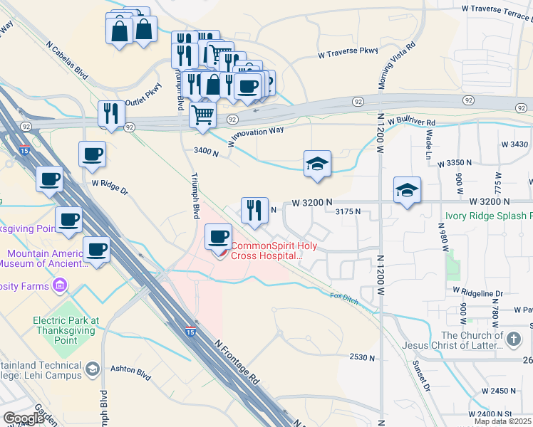 map of restaurants, bars, coffee shops, grocery stores, and more near 1656 West 3180 North in Lehi