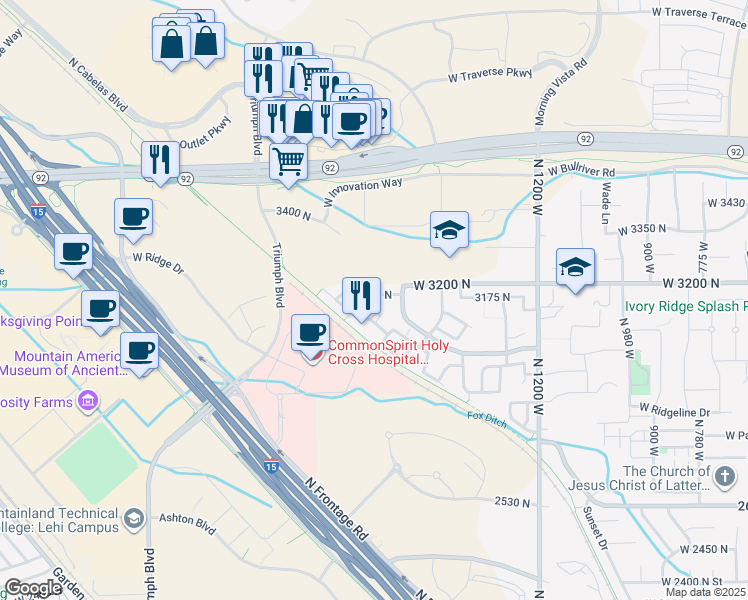 map of restaurants, bars, coffee shops, grocery stores, and more near 1656 West 3180 North in Lehi