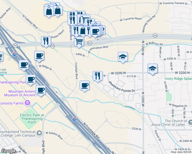 map of restaurants, bars, coffee shops, grocery stores, and more near 1656 West 3180 North in Lehi