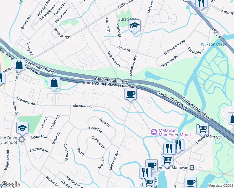 map of restaurants, bars, coffee shops, grocery stores, and more near 3 Sutton Drive in Matawan