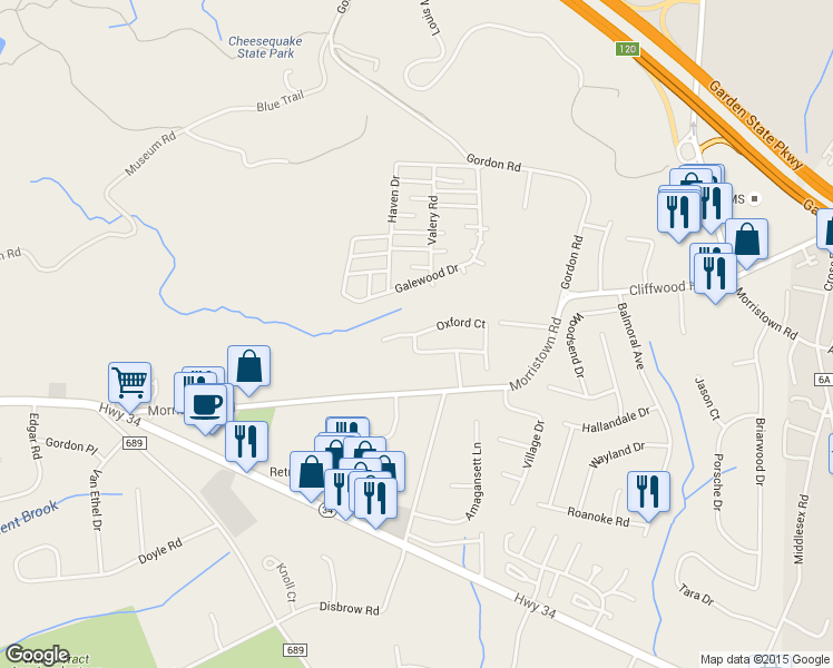 map of restaurants, bars, coffee shops, grocery stores, and more near Oxford Court in Matawan