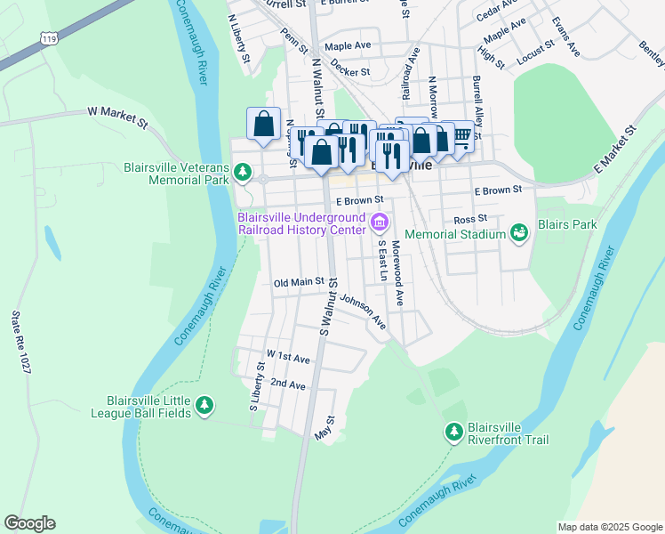 map of restaurants, bars, coffee shops, grocery stores, and more near 228 South Walnut Street in Blairsville