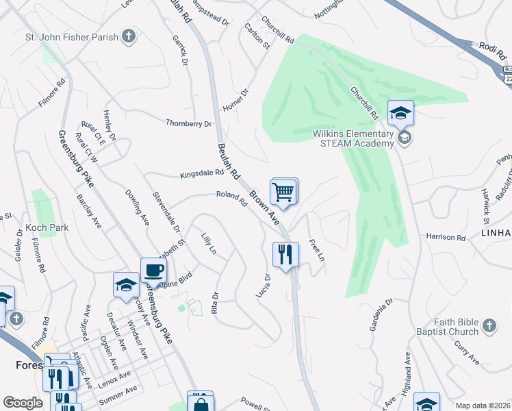 map of restaurants, bars, coffee shops, grocery stores, and more near 730 Beulah Road in Turtle Creek