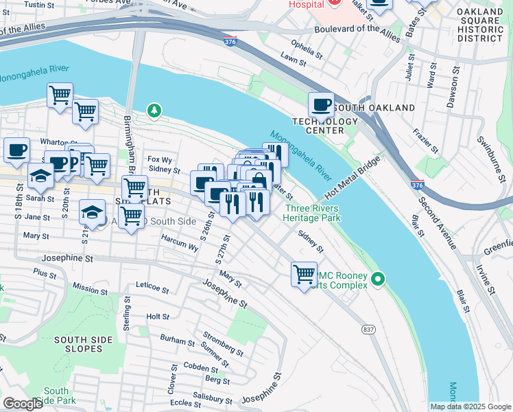 map of restaurants, bars, coffee shops, grocery stores, and more near 2667 Sidney Street in Pittsburgh