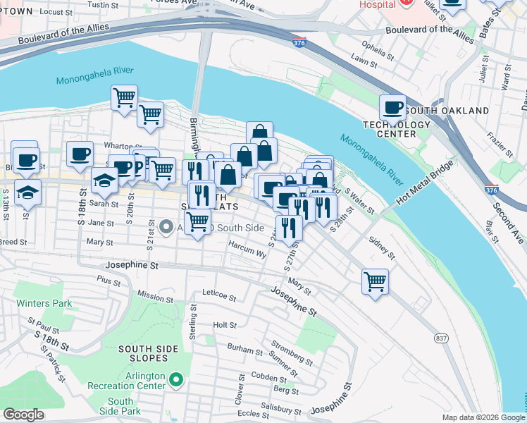 map of restaurants, bars, coffee shops, grocery stores, and more near 61A South 25th Street in Pittsburgh
