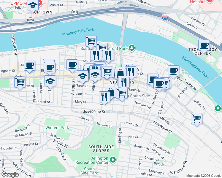 map of restaurants, bars, coffee shops, grocery stores, and more near 2135 Carey Way in Pittsburgh